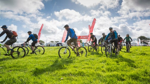 Riders at a mountain biking event at Cheddar Gorge, Somerset
